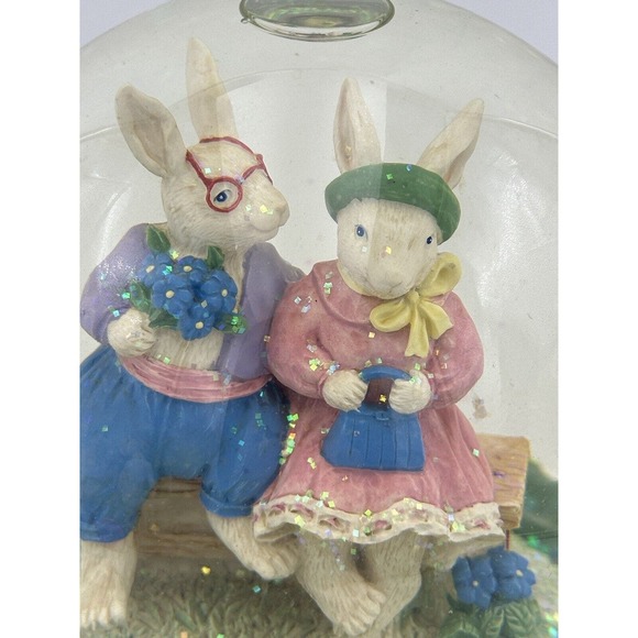 Vtg Easter Musical Snowglobe Mr & Mrs Rabbit Bunny Love Works Hand Painted VIDEO - Picture 3 of 12